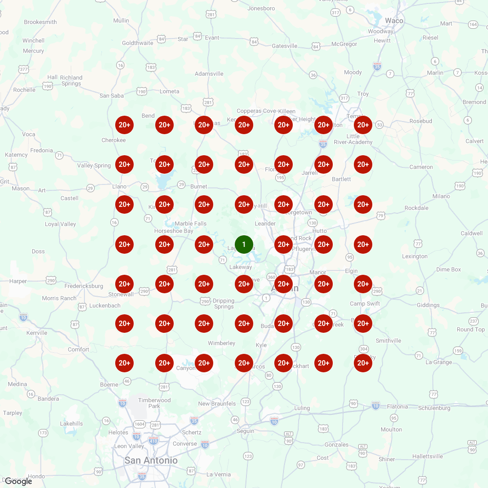Local Falcon 7x7 grid scan for plumber near me around Lago Vista