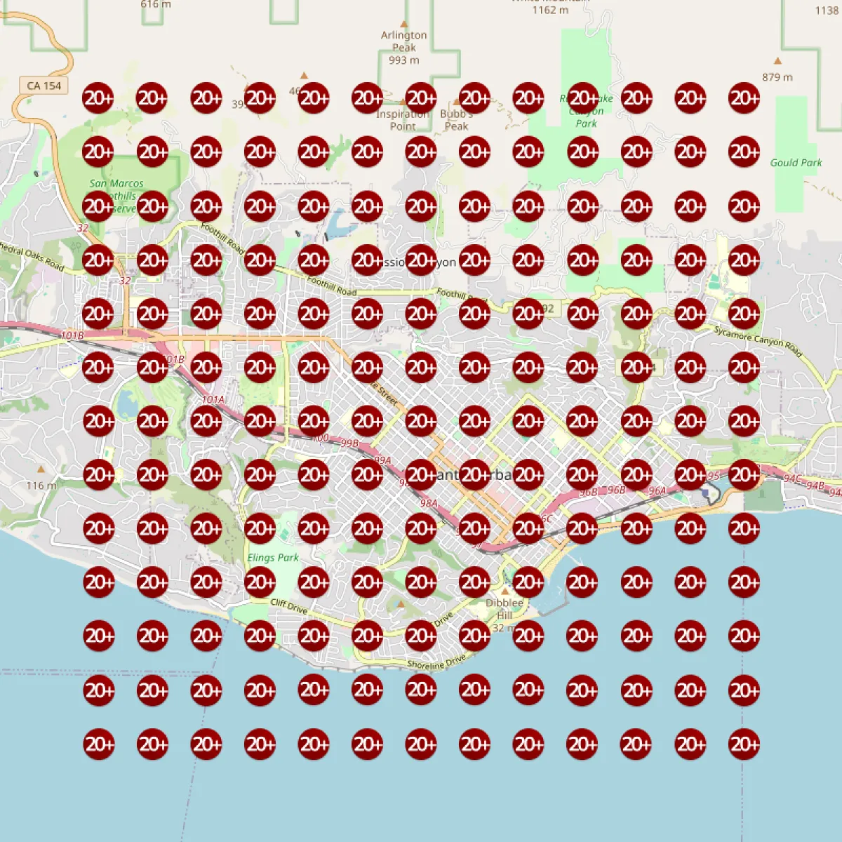 Geo-grid map ranking before, mostly position 20 plus